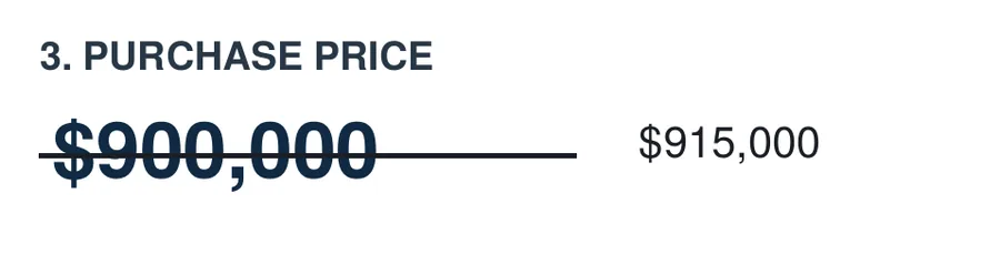 A struck-through purchase price of $900,000 with the amended price of $915,000 written beside it