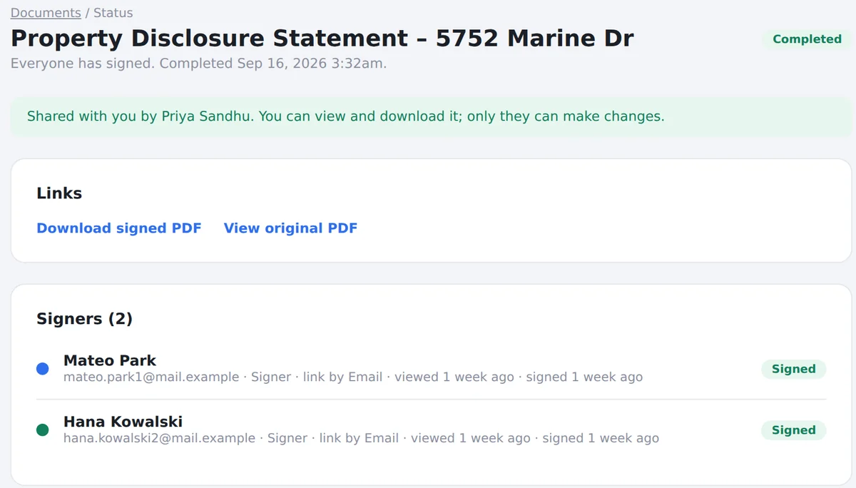 A completed Property Disclosure Statement shared by a realtor, with links to download the signed PDF and view the original