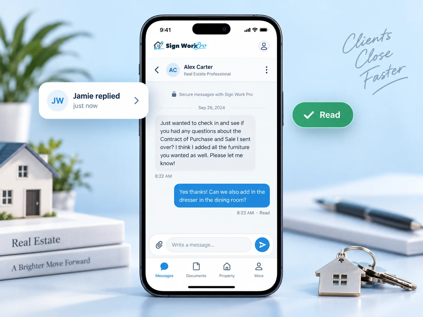 The Sign Work Pro app showing a secure message thread between a client and their realtor, with a read receipt