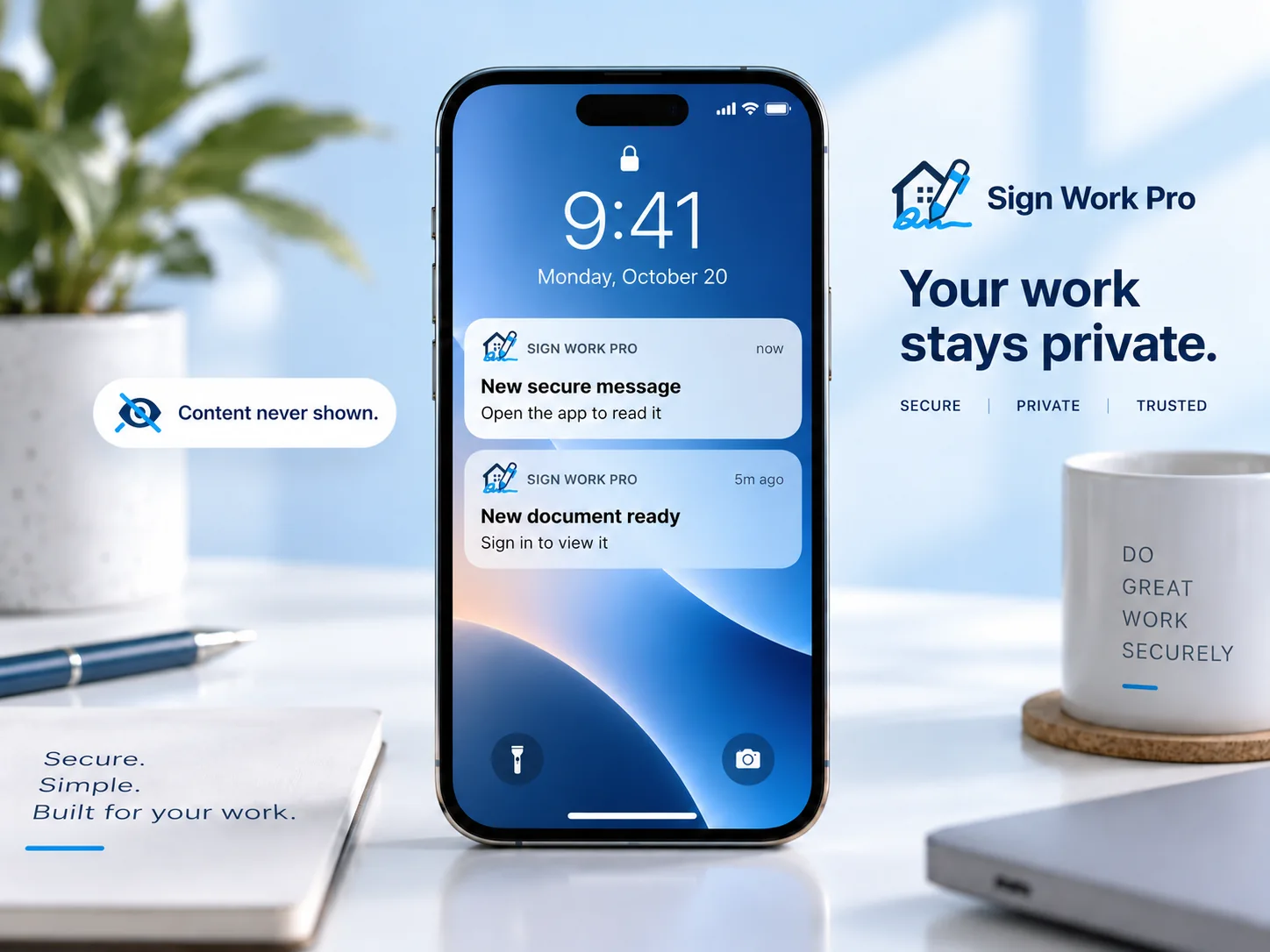 A phone lock screen with Sign Work Pro notifications that say a new secure message and a new document are ready, without showing their content