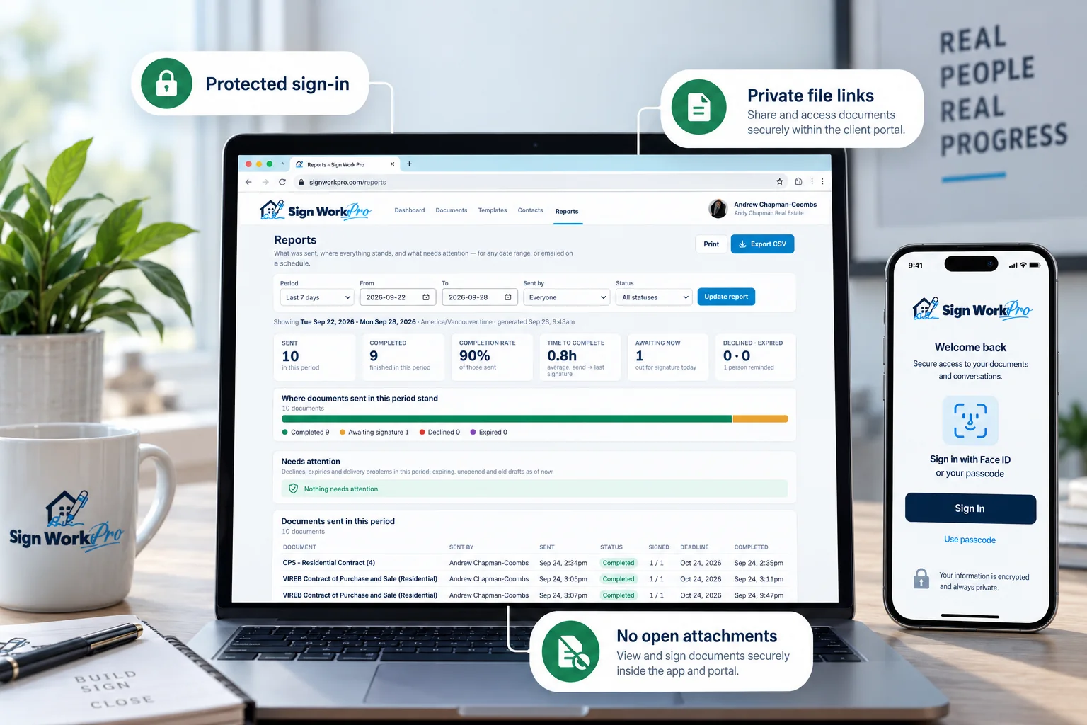 Sign Work Pro on a laptop and a phone, highlighting protected sign-in, private file links and no open attachments