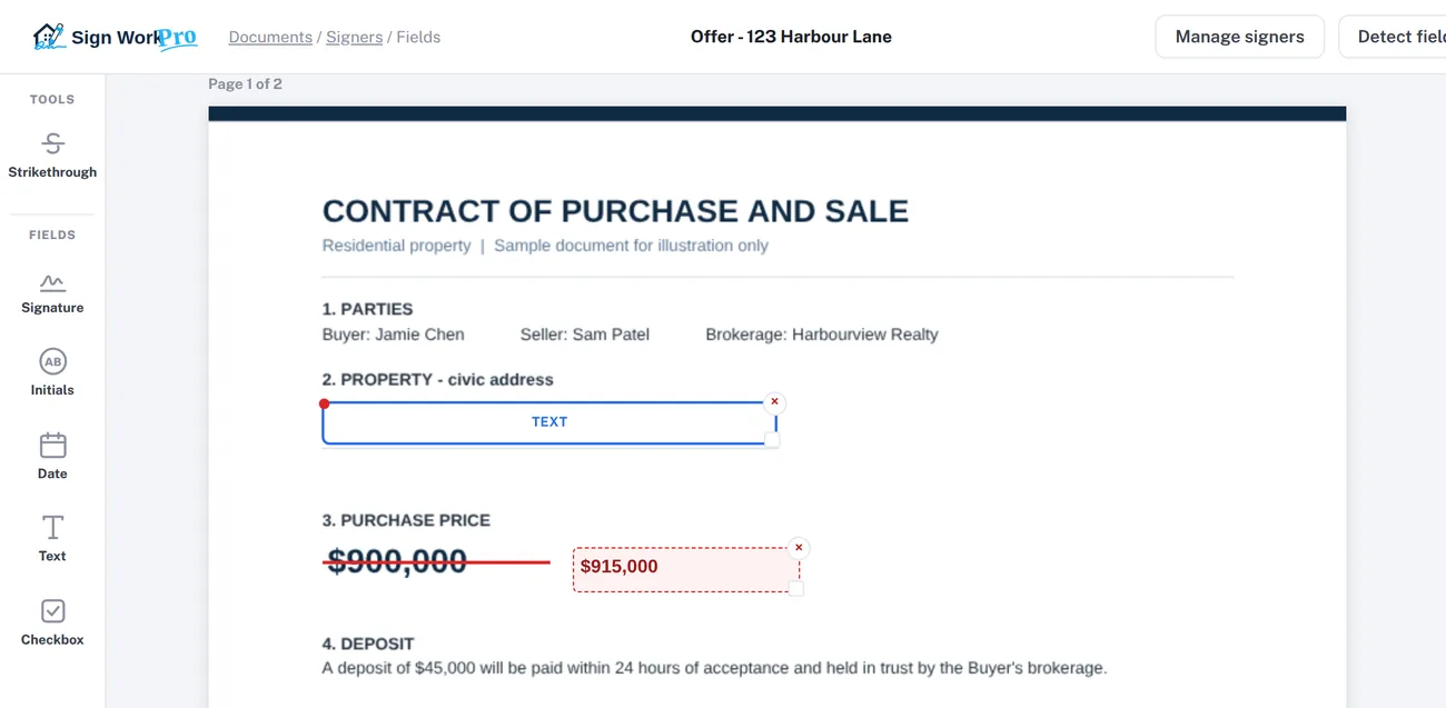 The Sign Work Pro field editor with the purchase price struck out and $915,000 written beside it