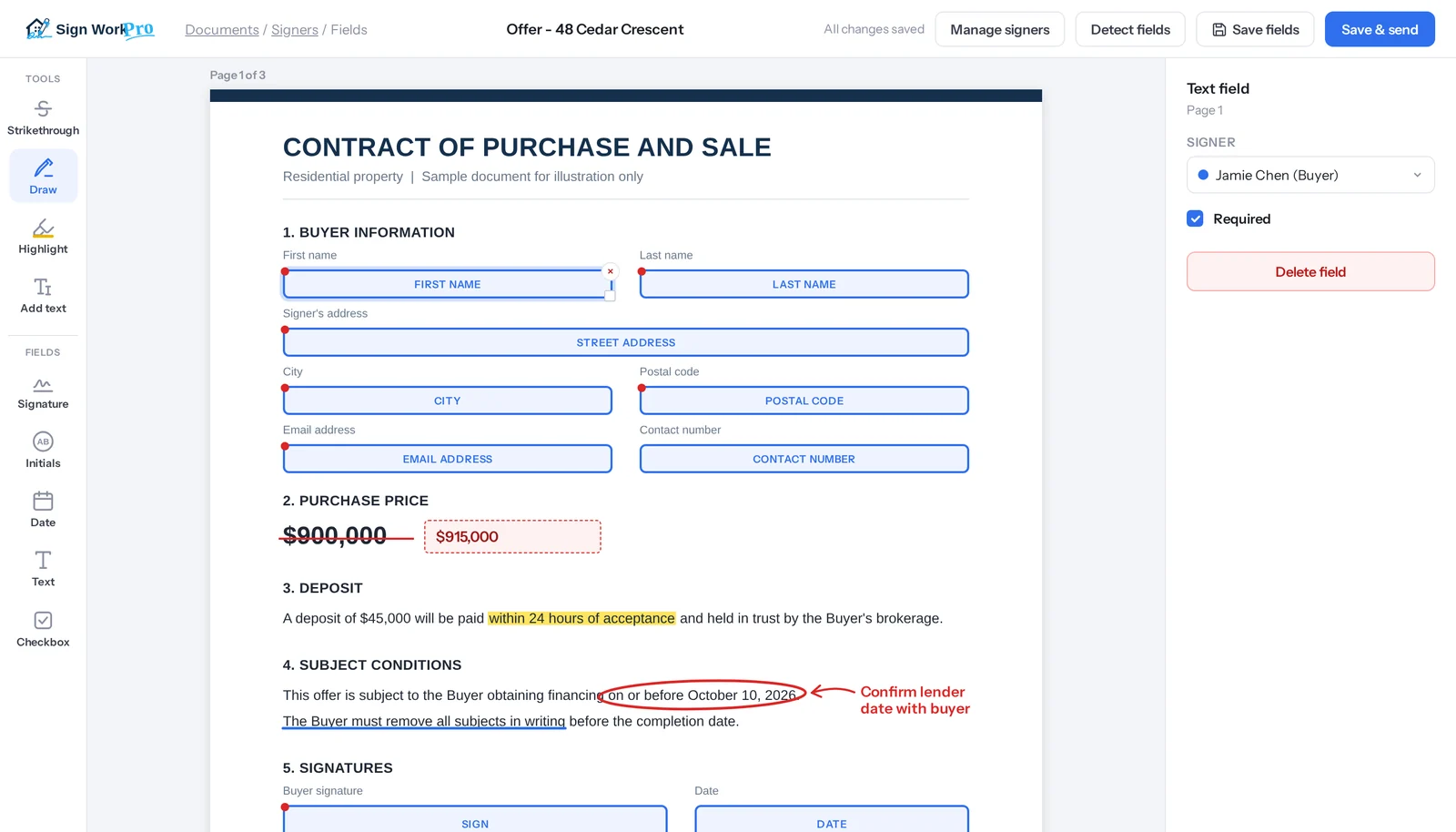 The Sign Work Pro field editor with a circled date and note, an underlined clause, a struck-through price with its replacement, a highlighted deposit term, and fields for the buyer’s first and last name, address, city, postal code, email address and contact number