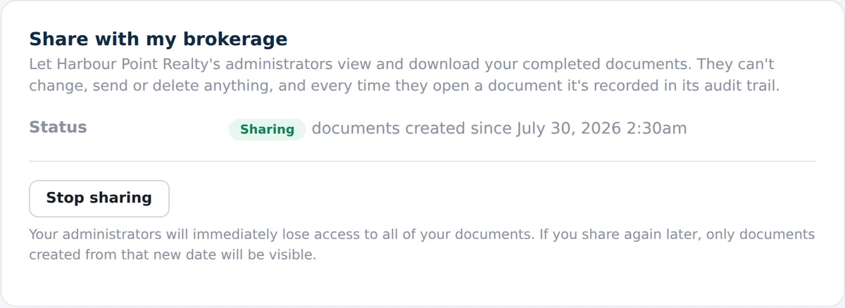 The “Share with my brokerage” card in a realtor’s My Account, with a Stop sharing button