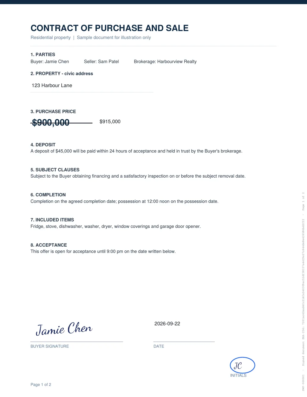 A signed contract of purchase and sale with the amended price, the buyer’s signature and circled initials