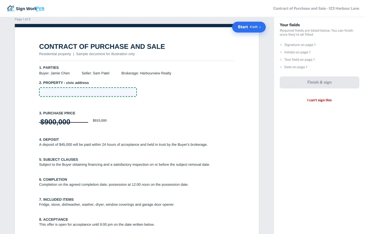 A contract ready to sign in Sign Work Pro, with the amended price and the list of fields to complete