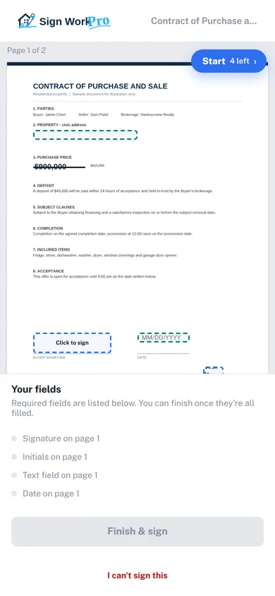 Your client signing the same contract on their phone: tap each field, then Finish and sign