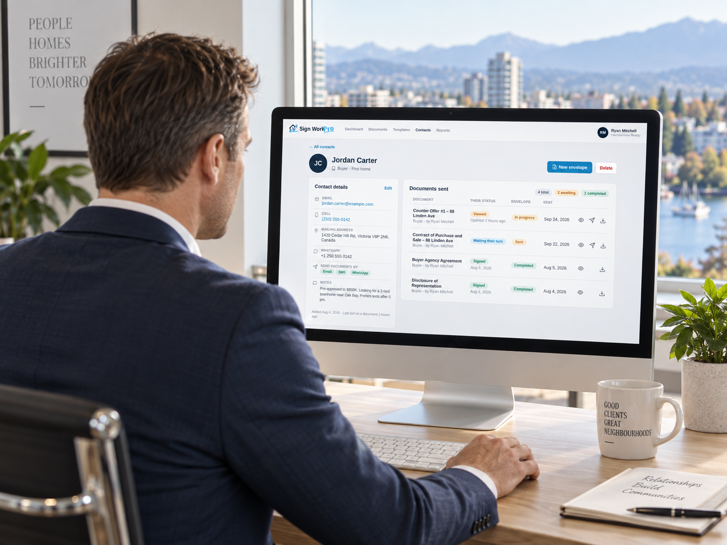 A realtor reviewing a buyer's contact card, communication preferences and document history in Sign Work Pro