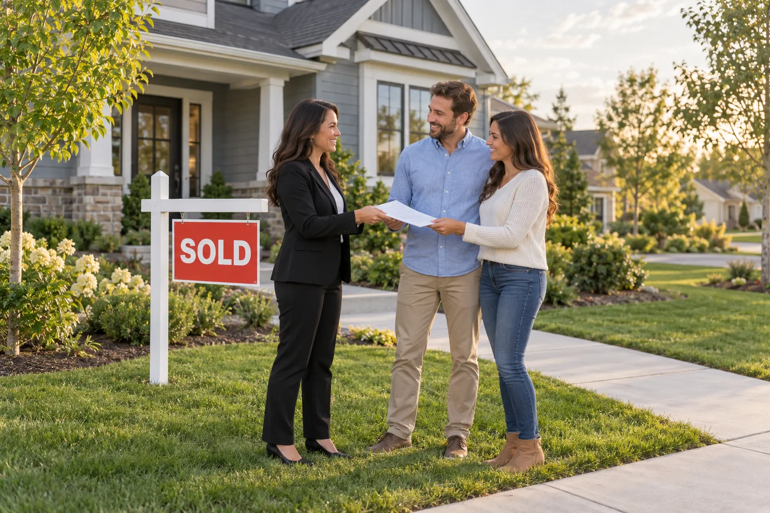 A real estate agent hands a home contract to a happy couple outside their sold house